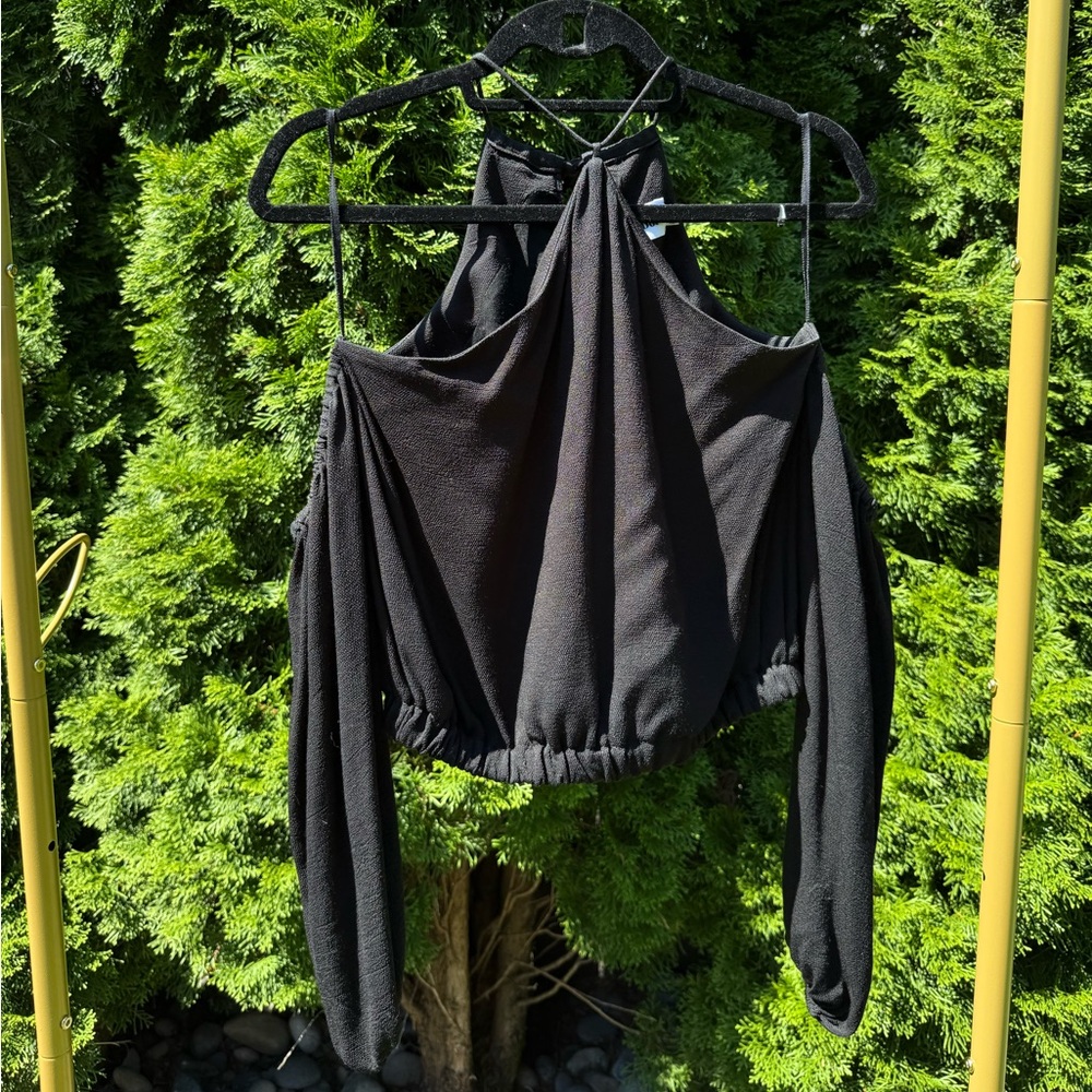 Line & Dot Black Halter Long Sleeve Top